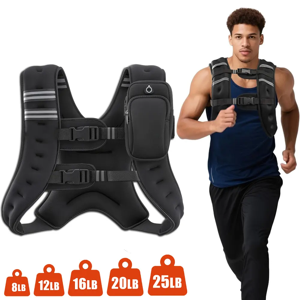 Adjustable Weight Rucking Vest 8/12/16/20/25lb with Detachable Phone Pocket, Reflective Safety Strips & Flexible Adjustable Shoulder Straps for Outdoor Walking, Running, Strength Training & Home Fitness Workouts