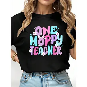 100% Cotton Unisex Retro Groovy Happy Easter Bunny Teacher T-Shirt – Casual Fashion Top