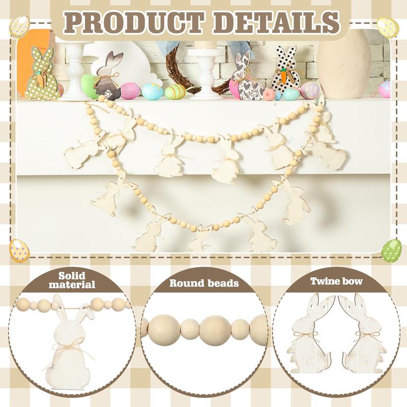Easter Bunny Garland Wood Beads Banner Rustic Rabbits Hanging Garland with Beads, Bunny Eggs with Bow Door Wreath Garland for Mantle Fireplace Shelf Wall Doorway Display, Spring Home Decor, Easter Decor 2026 Easy Hang Indoor Outdoor Party Supplies & Gifts