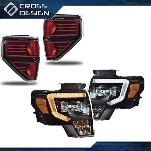 CROSSDESIGN LED Headlight Kit Set - Dual LED Projector Headlight Assemblies with Chrome Housing, Plug-and-Play Black Rear Tail Lights for 09-14 Ford F150