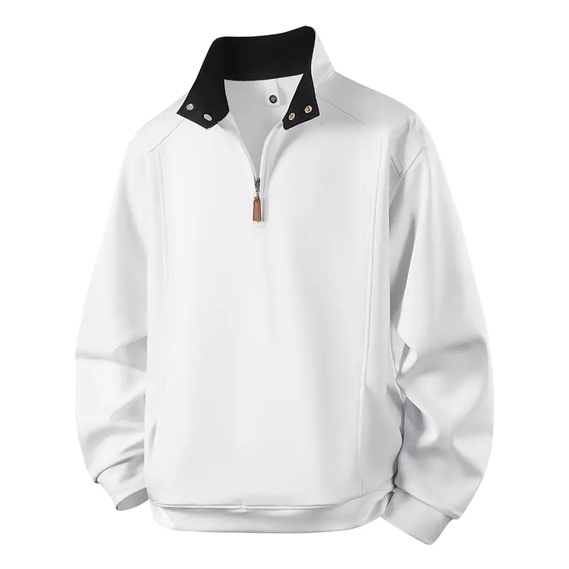 Menswear Long-Sleeve Cotton-Poly Half-Zip Mock Neck Contrast Stand Collar Loose Fit Pullover Sweatshirt, Machine Washable, Suitable For Spring Autumn Daily Commute & Street Fashion, Multiple Colors Available
