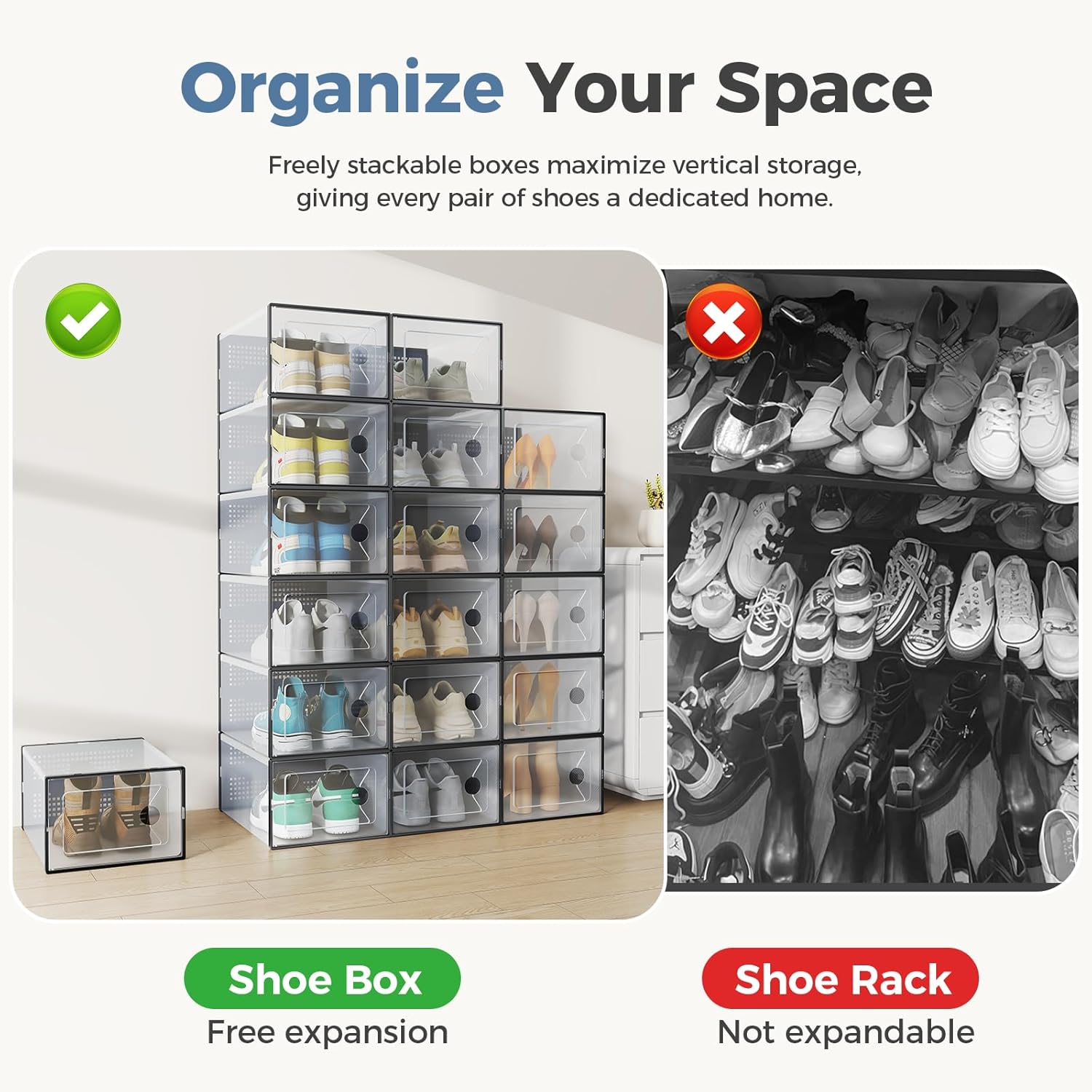 Stackable Shoe Storage Boxes, 15-Pack Plastic Shoe Organizers with Lids, Large Shoe Rack & Holder for Closet, Under Bed, Entryway, Sneaker Display and Storage Containers