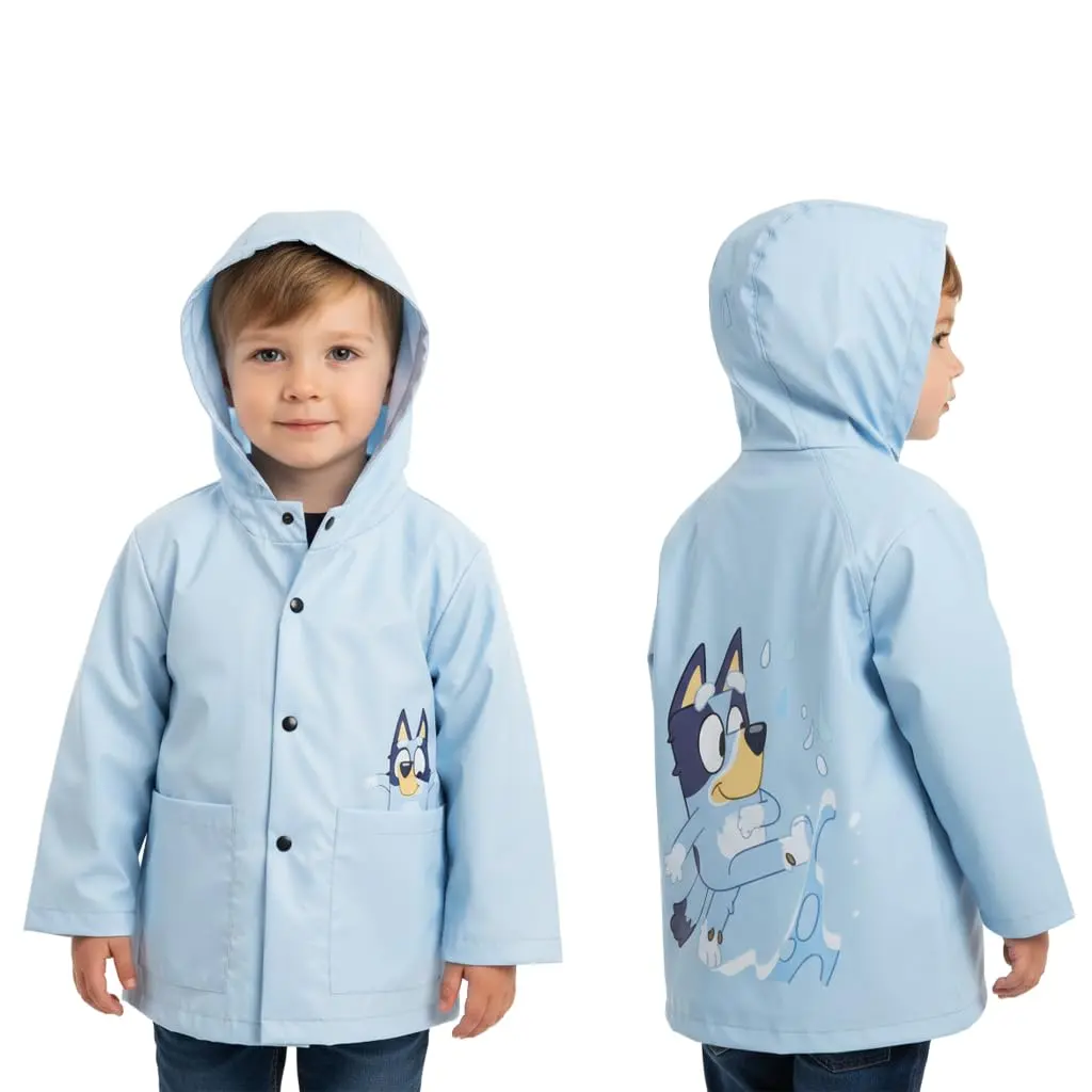 Disney Bluey Kids Outdoor Waterproof Rain Jacket (Ages 4-7) - Hooded, Rainproof, Snap Closure, Pockets, Modest Outerwear - Officially Licensed