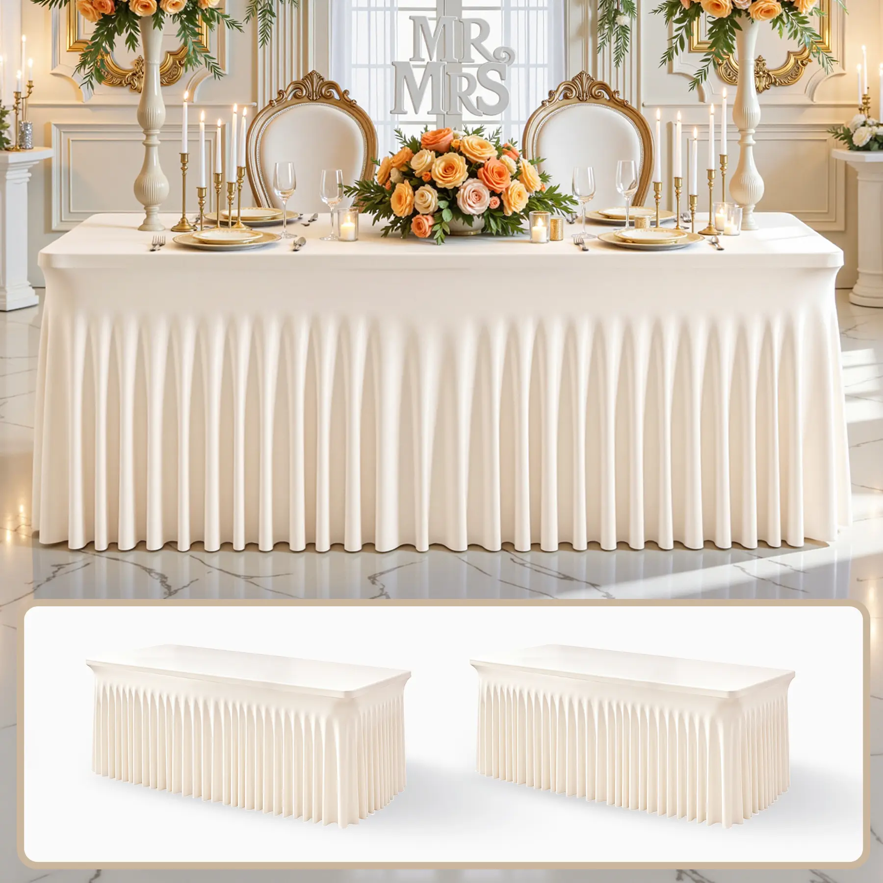 【Homeessentials】Elegant Ruffled Elastane Spandex Tablecloth - Wrinkle Resistant, Easy Install Art Deco Chic Decor for 6/8FT Rectangle Ivory Tables, Ideal for Weddings, Home & Festive Party Supplies, Romance