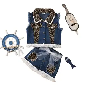 2pcs Toddler Baby Girl Short Pants Set Sleeveless Leopard Patchwork Vest Tops Ripped Denim Shorts Kids Casual Summer Denim Outfits#Springtok