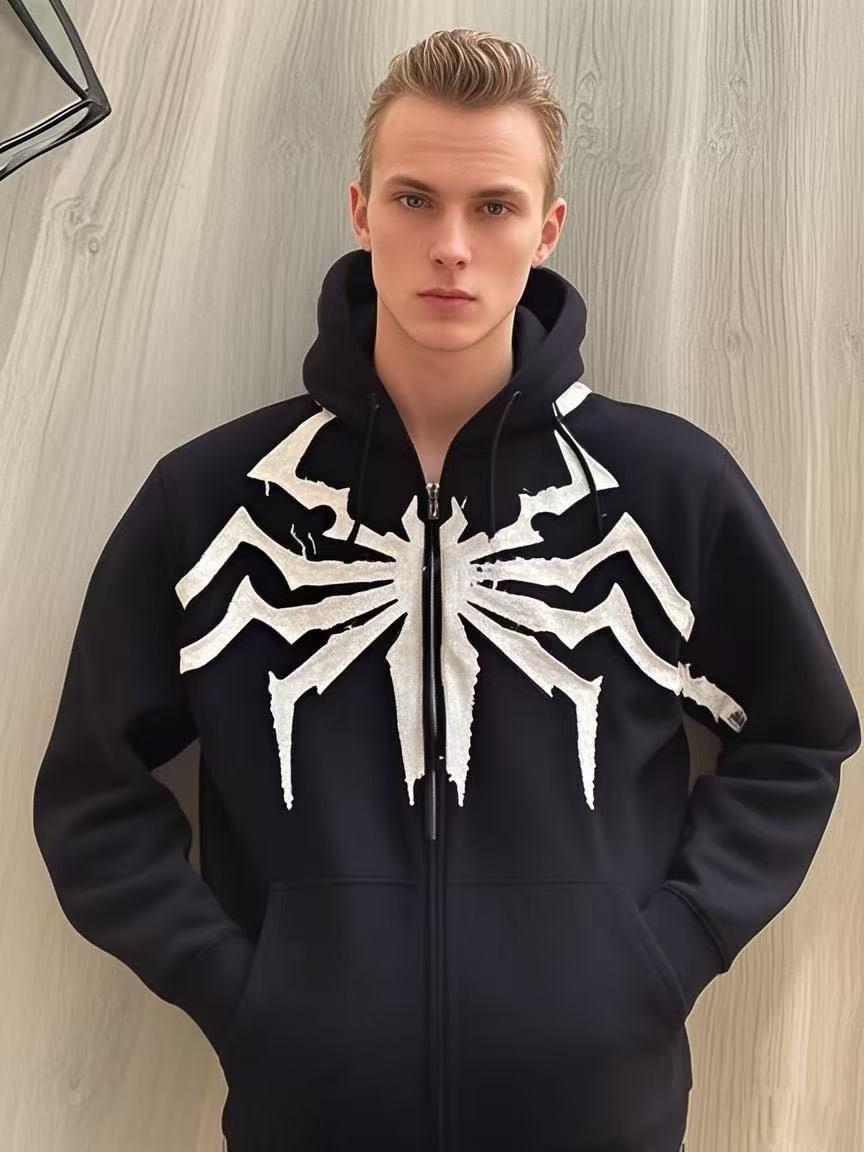 American Gothic Spider Patch Embroidered Hoodie Y2K Zipper Design