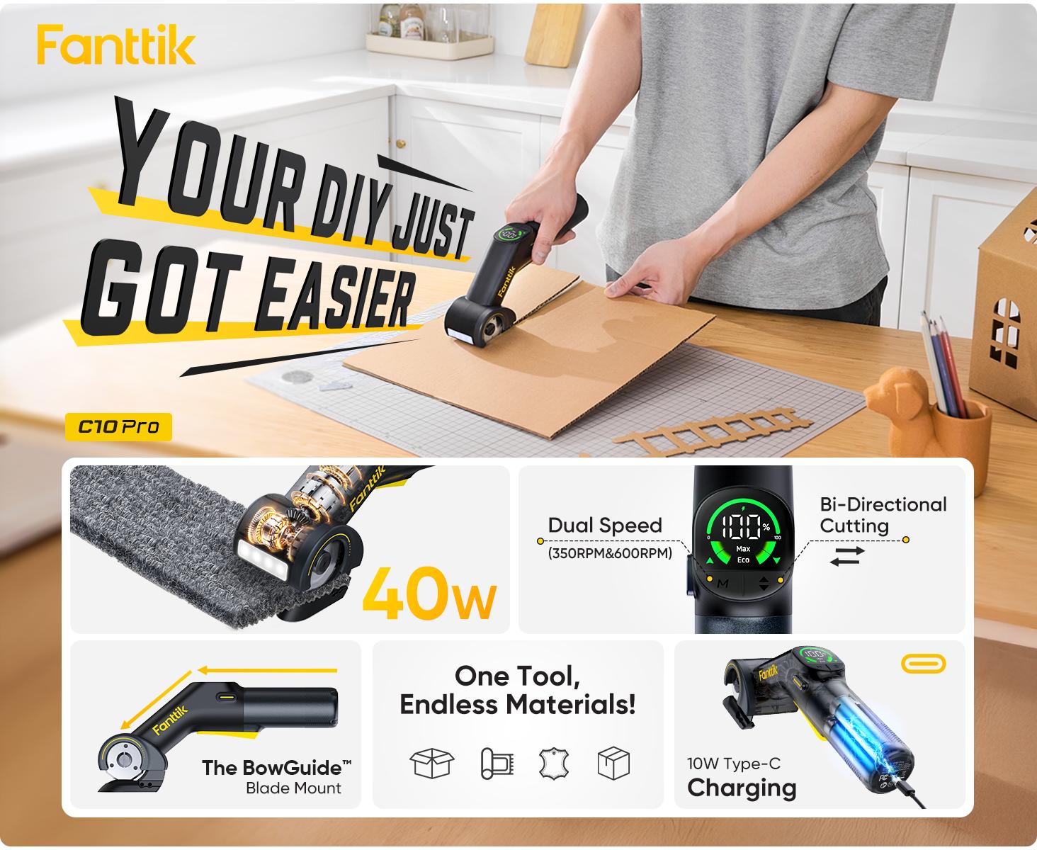 Fanttik R200 Pro BowGuide Electric Cardboard Cutter, Cordless Scissors with LED Display, 2-Speed Adjustable, Rechargeable Powerful Rotary Box Cutter with 2 Blades for Fabric, Carpet, Leather, Cardboard