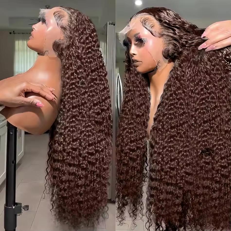 180% Density 30  32Inch Chocolate Brown Deep Wave Human Hair Wig Transparent 13x6 Lace Frontal Wigs For Women 13x4 Lace Front Water Curly Wigs