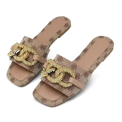 Retro Flat Slides Slippers for Women Luxury Gold Buckle Square Toe Sandals Comfortable Slip-On Mules Springfresh for Daily & Vacation