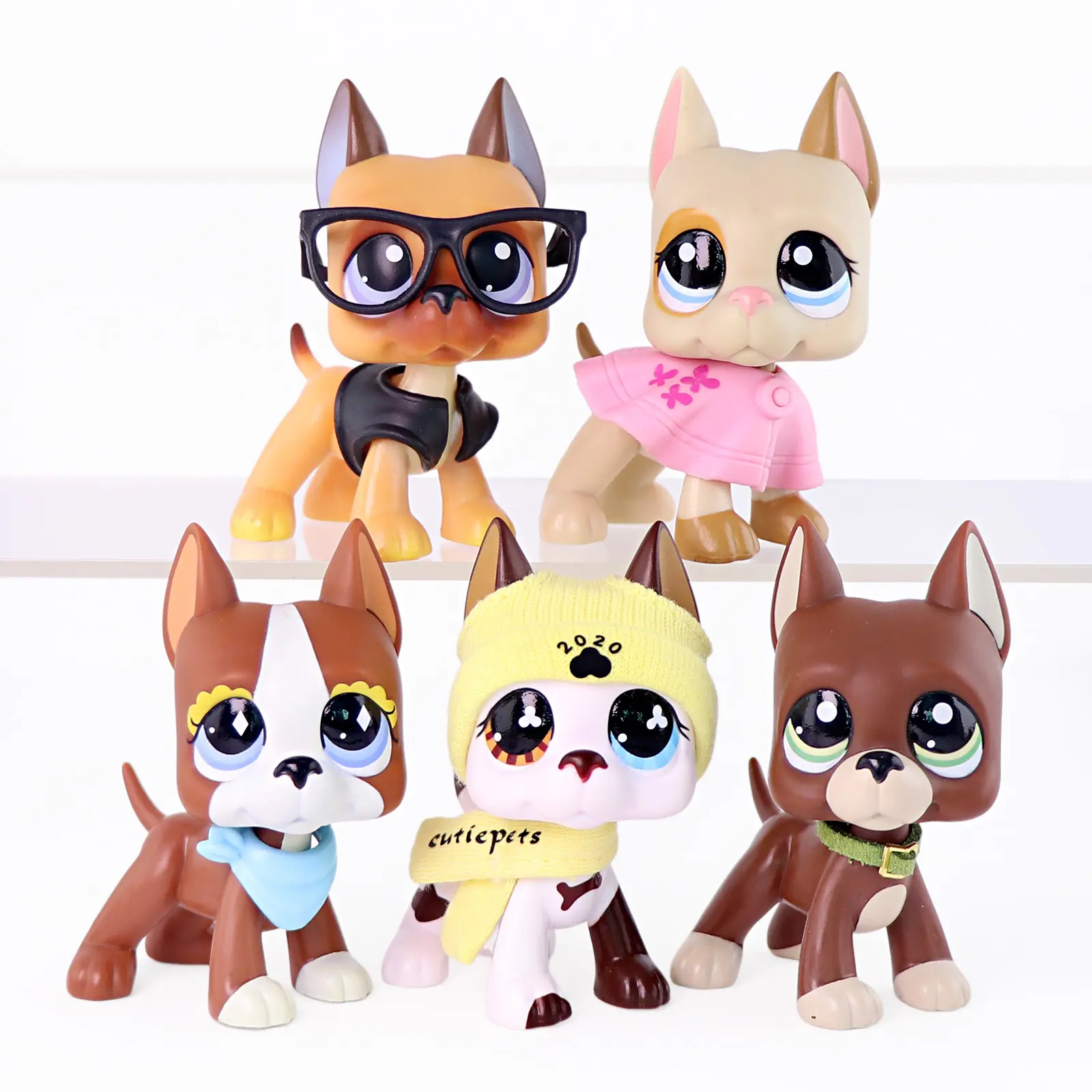 5 Pcs Plastic Miniature Collectible Boston Terrier Figurines Set - Cartoon Puppy Figures with Glasses, Skirt, Knit Beanie, Scarf, Bandana Collar Dress-Up Accessories, Kids’ Pretend Play Toys, Dollhouse Ornaments