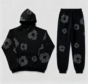 Denim Tears 2026 Women's Hoodie Set Cotton Foam Print Sweatpants Distressed American High Street Casual Sweatshirt Plus Size Black Short Sleeve Long Loose Fit Y2K Unisex 2-Piece Set Top Trouser Suits