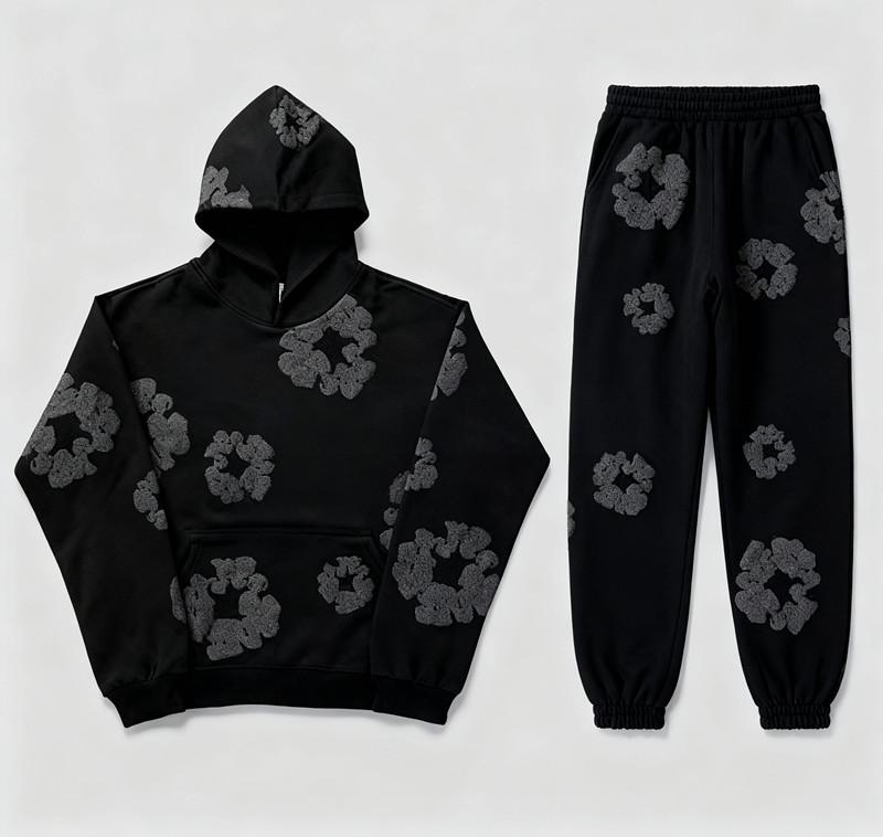 Denim Tears 2026 Women's Hoodie Set Cotton Foam Print Sweatpants Distressed American High Street Casual Sweatshirt Plus Size Black Short Sleeve Long Loose Fit Y2K Unisex 2-Piece Set Top Trouser Suits