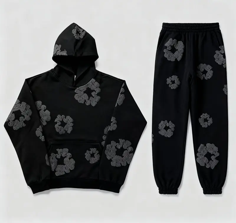 Denim Tears 2026 Women's Hoodie Set Cotton Foam Print Sweatpants Distressed American High Street Casual Sweatshirt Plus Size Black Short Sleeve Long Loose Fit Y2K Unisex 2-Piece Set Top Trouser Suits