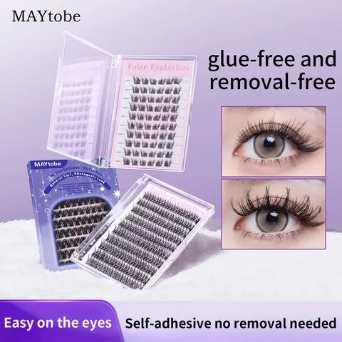MAYTOBE Self-Adhesive Eyelash Clusters Kit - Reusable 3D Wispy C-Curl Eyelash Extension Set for Beginners, No Glue Needed, 14-16mm, 60-120 Pcs with Tweezers, Lightweight Nature-Inspired Realistic Contour, Gentle Smooth Removal