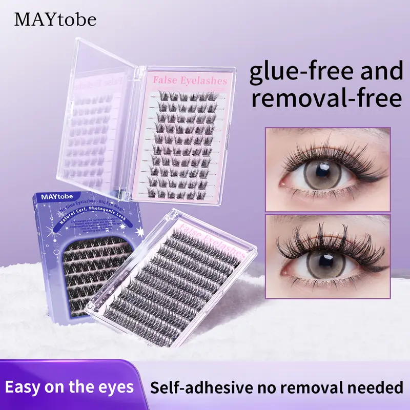 MAYTOBE Self-Adhesive Eyelash Clusters Kit - Reusable 3D Wispy C-Curl Eyelash Extension Set for Beginners, No Glue Needed, 14-16mm, 60-120 Pcs with Tweezers, Lightweight Nature-Inspired Realistic Contour, Gentle Smooth Removal
