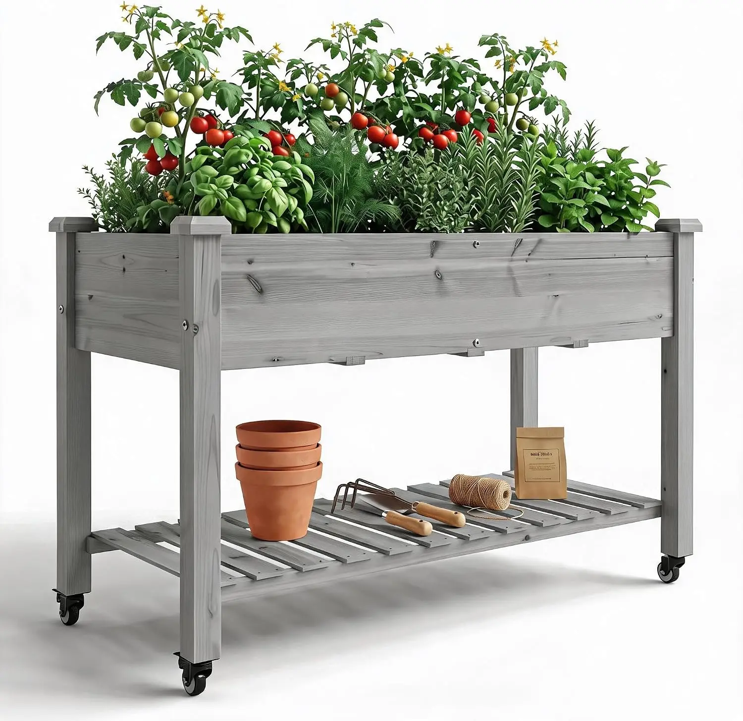 Mobile Raised Garden Bed Planter Box with Wheels & Legs 48"x24"x30" | Sturdy Wood Planter Box with Storage Shelf for Vegetables, Herbs, Flowers Outdoors