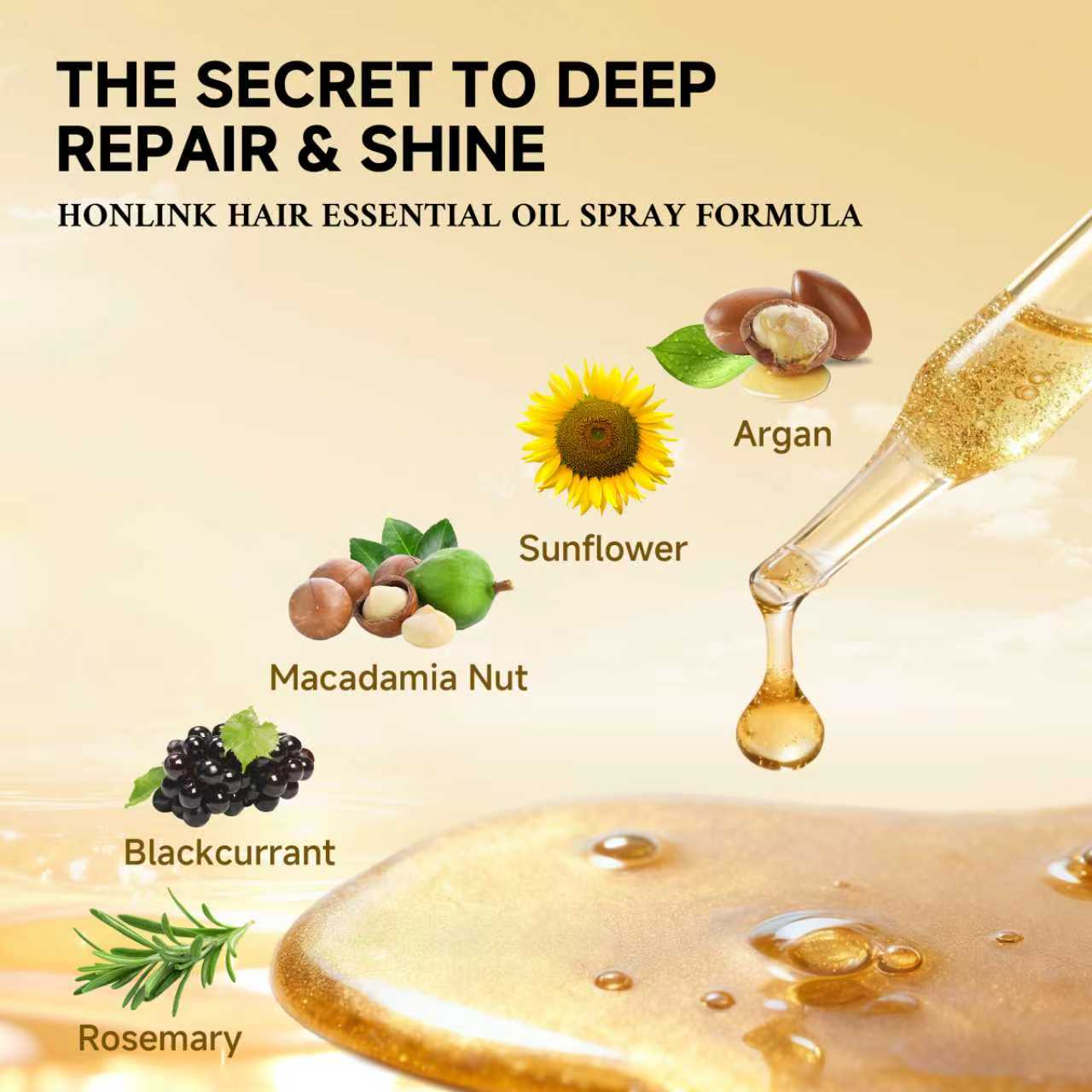 HONLINK 90ml Gold Shimmer Multi-Effect Leave-In Hair Spray ,for All Hair Types, Heat Protection, Detangling & Frizz Control, Infused with Rosemary & Argan Oil, Color Safe, Vegan