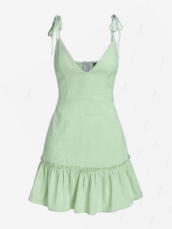 Rosegalette Flounce Slip Ruffles Off-Shoulder Mini Dress with Tie Shoulder Straps in Soft Mint Green sage green Color polka dot dress secschools dress