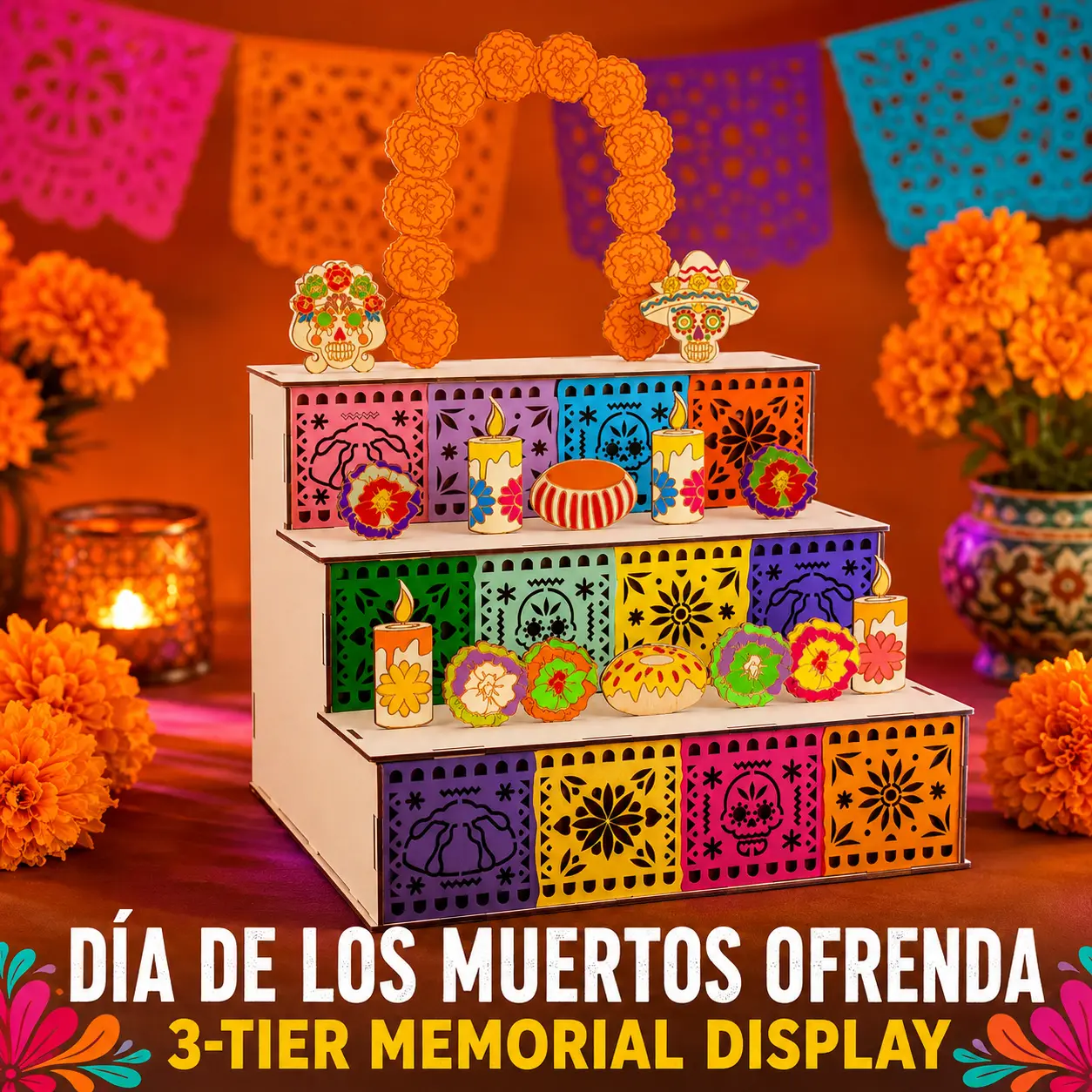 3-Tier Wooden Día de los Muertos Altar Decor Set - Colorful Multicolor Ofrenda Display with Skull, Marigold Flowers, Candle, Papel Picado & Photo Decor for Halloween Party Indoor Recreation