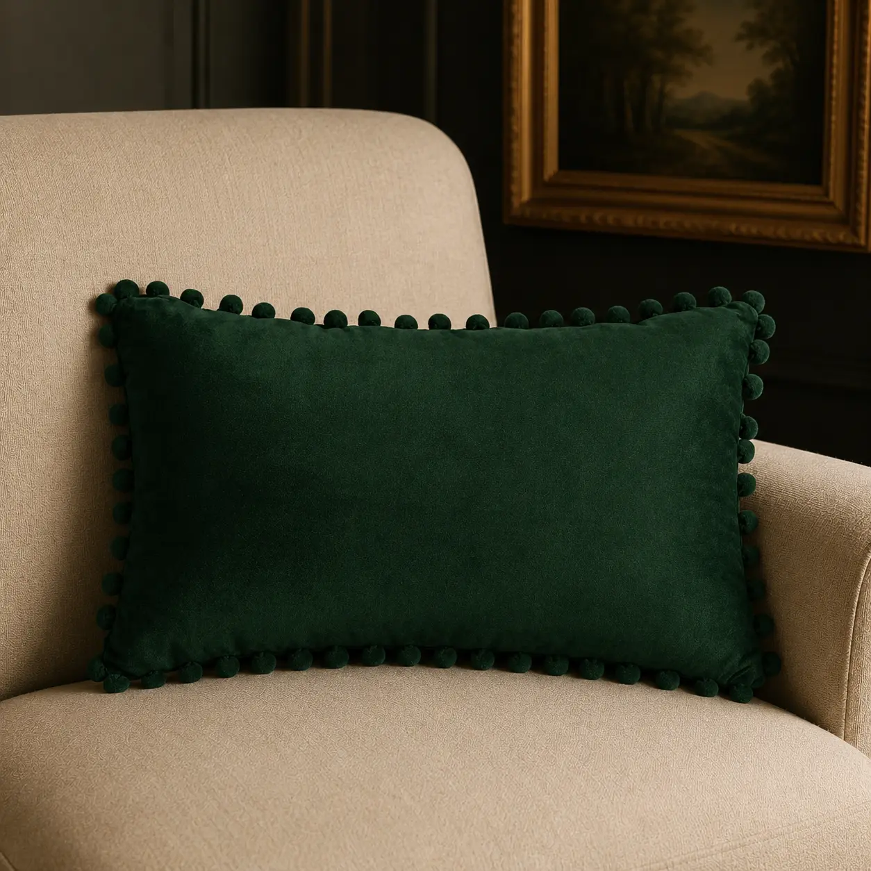 Velvet Fabric Decorative Lumbar Throw Pillow - Plush Texture, Pom-Pom Accent Soft Furnishing for Bedding