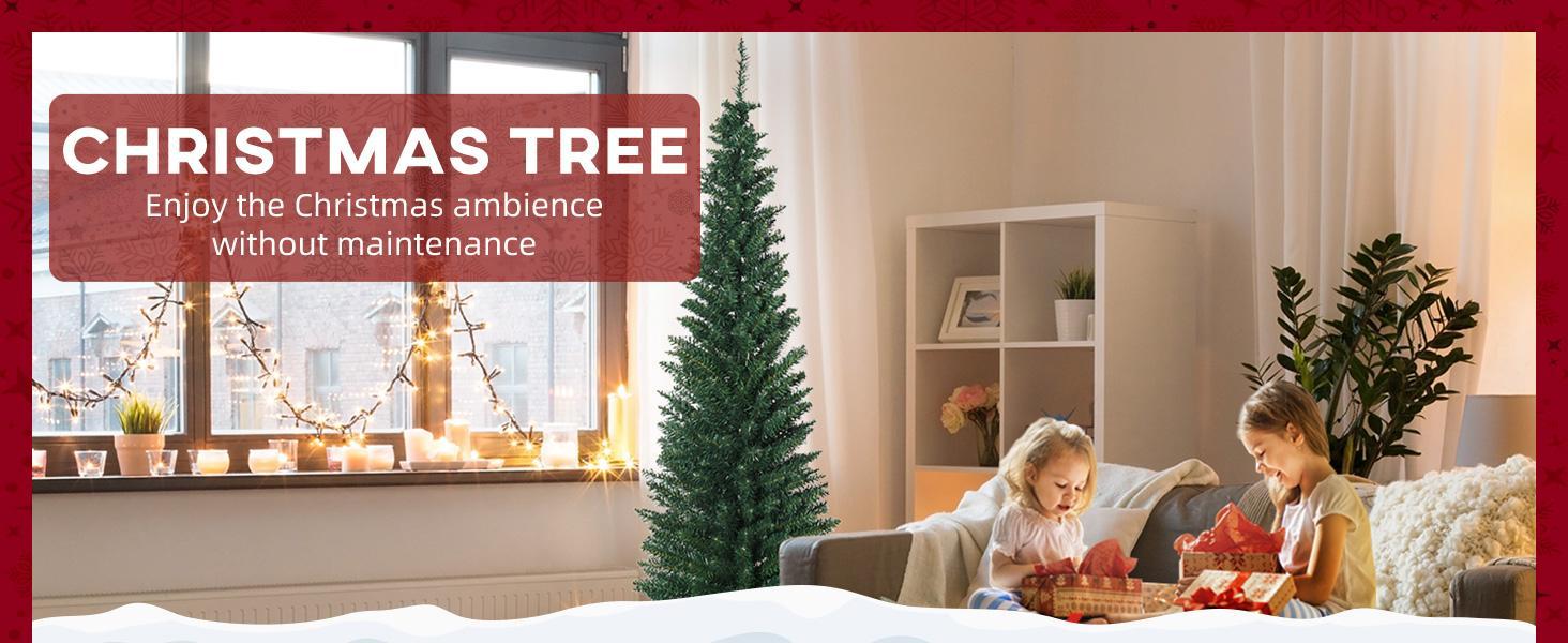 HOMCOM 6ft/7ft Artificial Pencil Christmas Tree, Slim Xmas Tree with 390 Realistic Branch Tips and Plastic Stand