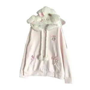 Japanese Cute Zipper Sweatshirts Female Casual Y2k Jacket Overcoat Chic Vintage Kawaii Long Sleeve Loose Coat with Hooded Women Outerwear Pink