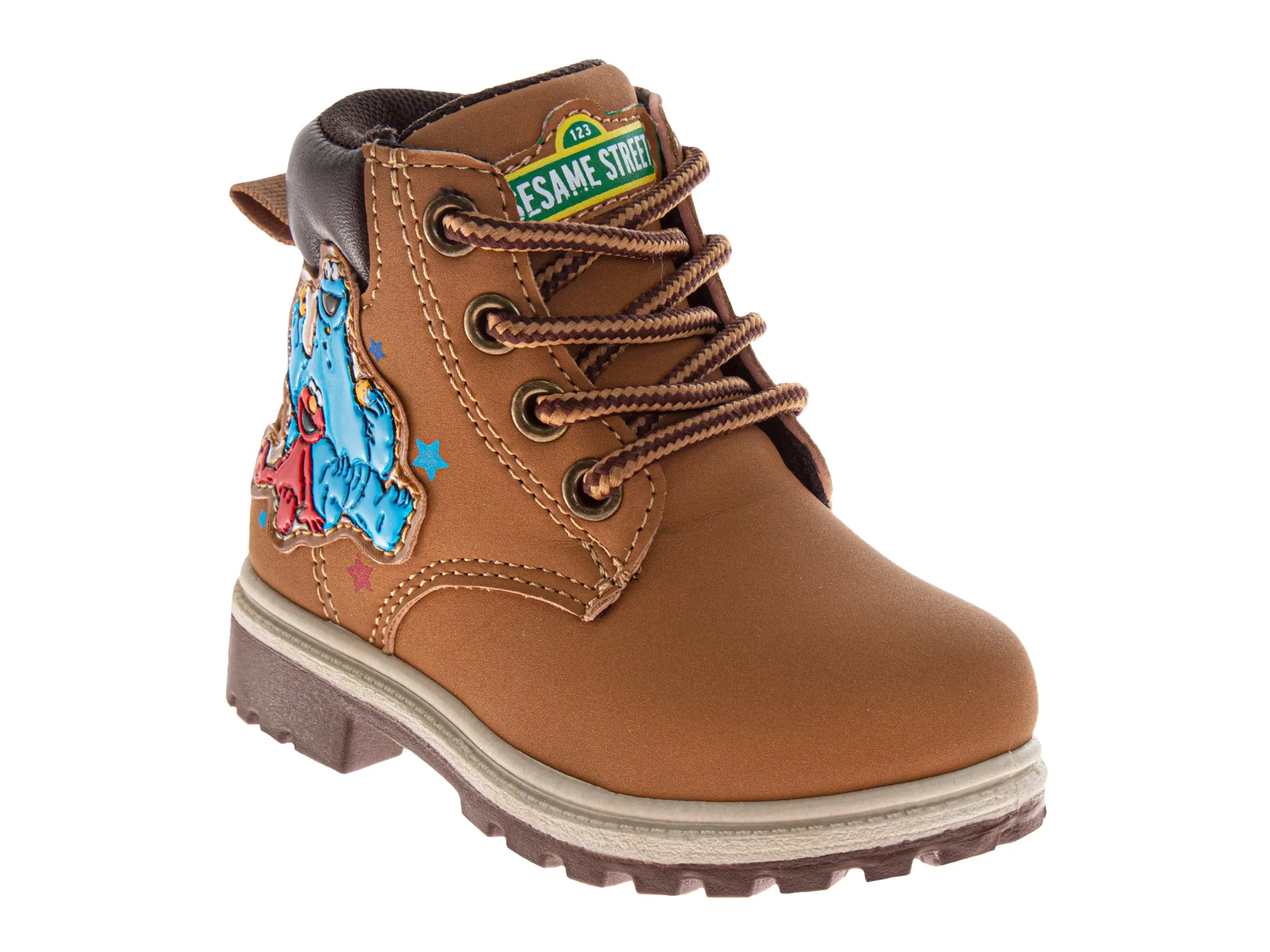 Sesame Street Toddler Boys' Lace-Up Boots, Elmo & Cookie Monster Character Print with Adjustable Fit, Low Heel for Exploration, Cartoon, Round Toe, Pull Tab Aid, Snug Lace Fit