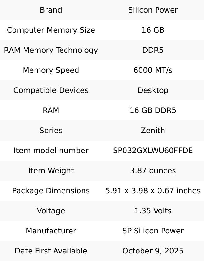 Silicon Power DDR5 32GB (2x16GB) Zenith 6000MT/s (PC5-48000) 288-pin CL36 1.35V UDIMM Desktop Memory Module RAM SP032GXLWU60FFDE Black
