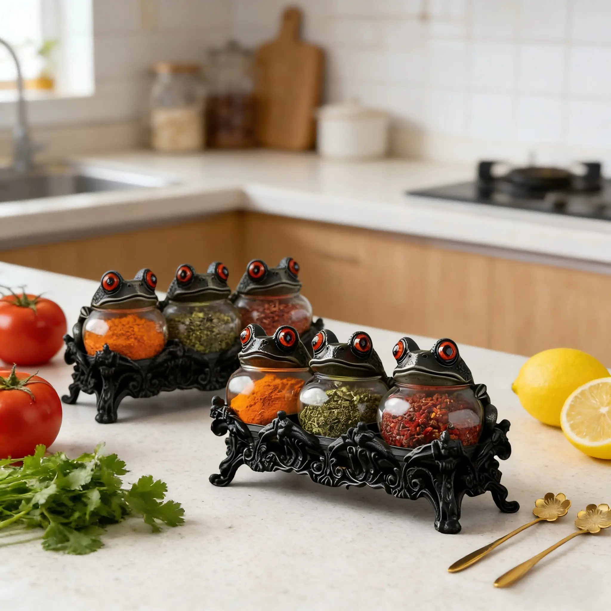 Retro Witch Style Resin & Glass Storage Bottles & Jars Set - Handmade Gothic Kitchenware, 3 Seasoning Jars with Witch Frog Lids, 1 Gothic Base, Wooden Lid, Decorative Creative Gift for Halloween