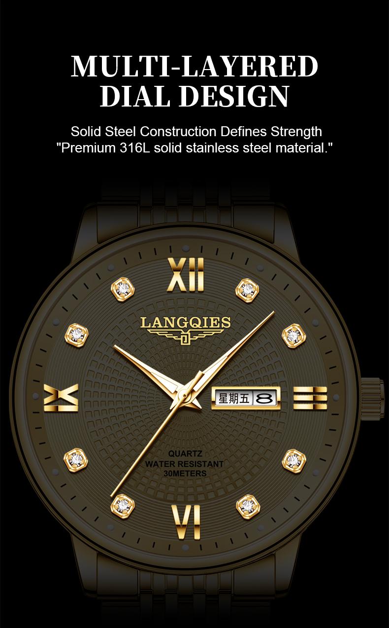 LANGQIES Elegant Multi-Function Men's Watch with Original Swiss Movement, featuring Dual Calendar, 42mm Dial, Sapphire Crystal, Stainless Steel Band, and Luminous Water-Resistant Design. LANGQIES Elegant Multi-Function Men's Watch with Original Swiss Movement, featuring Dual Calendar, 42mm Dial, Sapphire Crystal, Stainless Steel Band, and Luminous Water-Resistant Design.