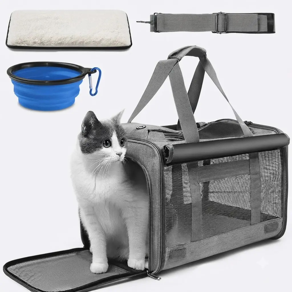 Large Cat Carrier up to 25 lbs Soft Sided Gray Pet Carrier with Bowl 2 Side Roller Blinds Airline Approved Travel