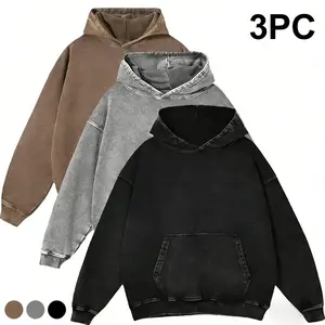 3pcs Acid Wash Hoodie Vintage Hoodie Unisex Heavy Weight Hoodie Distress Hoodies for Men Women Casual Tops Long Sleeve Pocket Pullover Sweatshirts