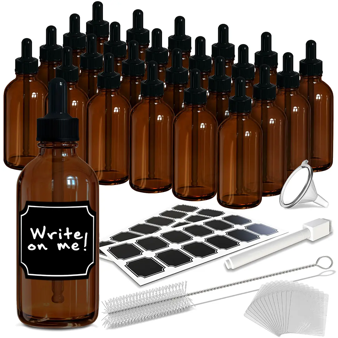 Nevlers 4 oz Amber Glass Dropper Bottle (Set of 24) | Includes Shrink Wrap Funnel, Brush and Marker
