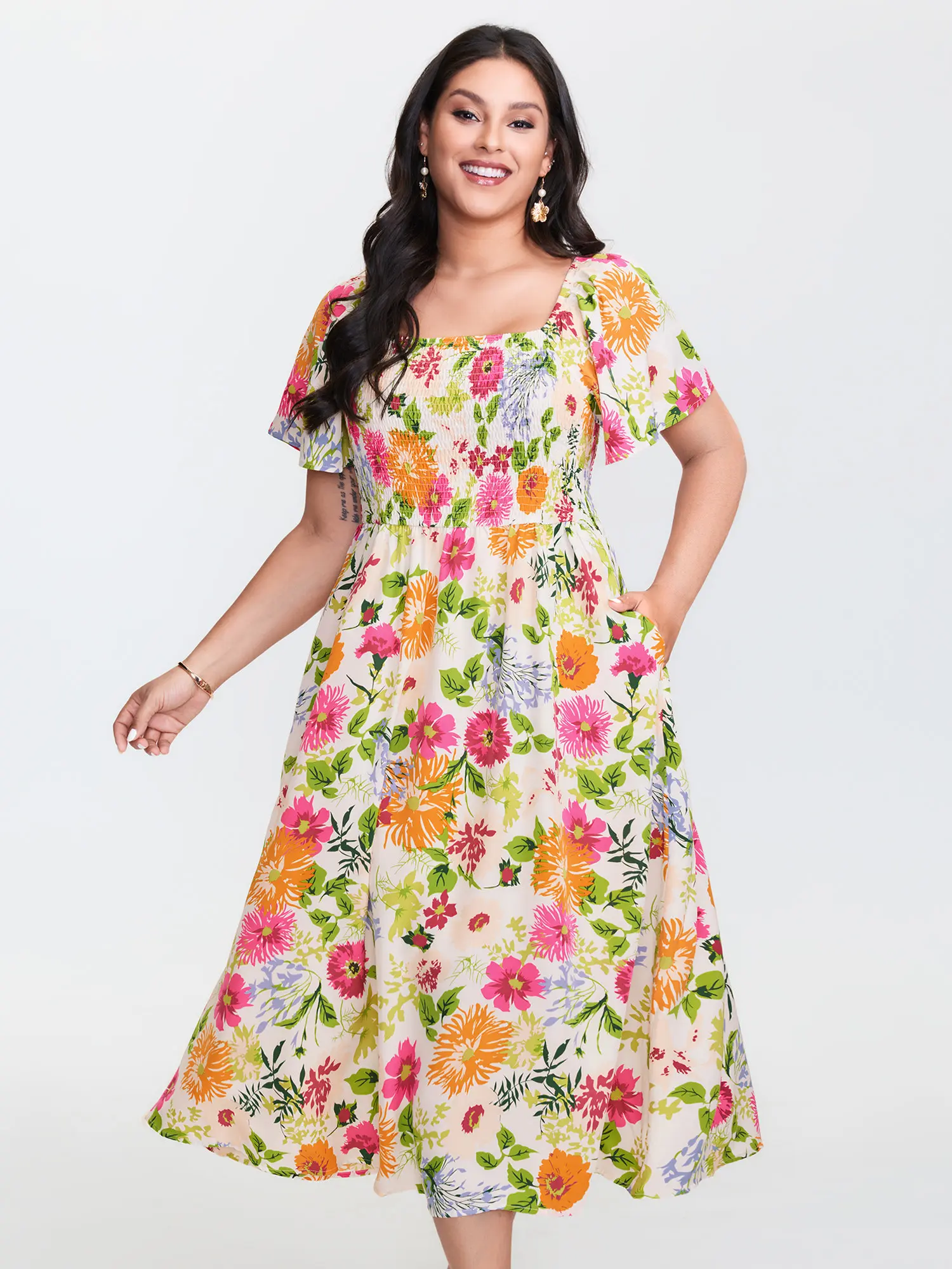BloomChic Plus Size Bohemian Floral Midi Dress, Casual Women's Summer Clothes with Square Neck, Ruffle Sleeves, and Shirred Waist, Low Iron Spandex Fabric, Bohemian Boho Fashion, Women's Clothes, Plussize, Curvy Clothing, Short Sleeves, Elastane, Polyeste