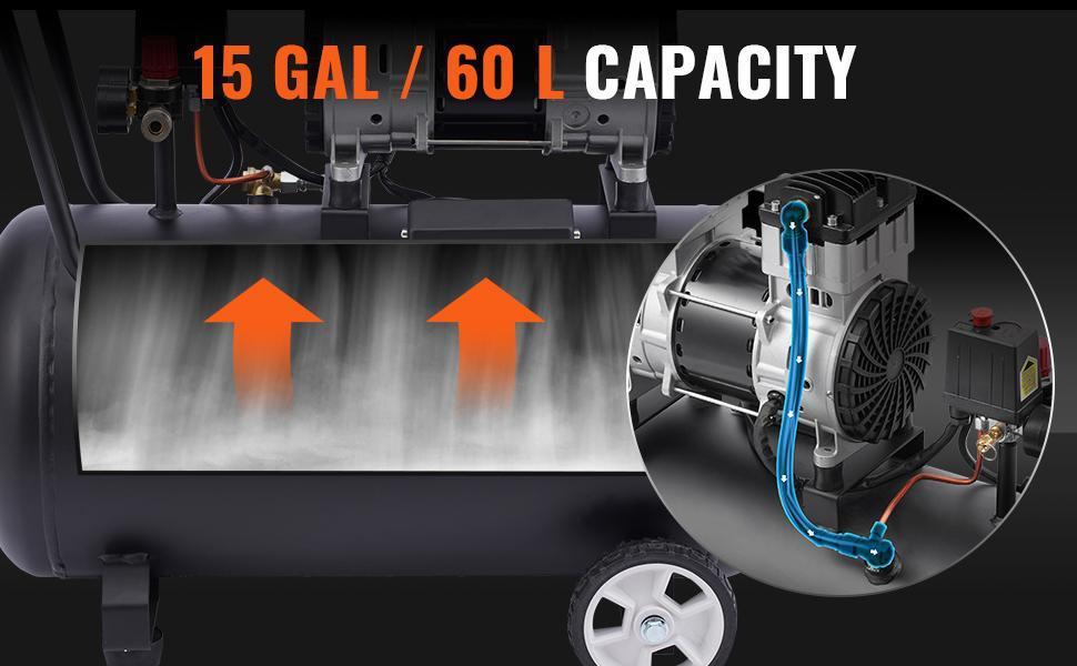 VEVOR Air Compressor Compact Portable Oil Free, Max. 15 Gallon Steel Tank, 2HP 5.3 CFM@90 PSI Oil Free Air Compressor & Max. 125PSI Pressure, 78dB Ultra Quiet Portable Compressor, for Auto Repair VEVOR Air Compressor Compact Portable Oil Free, Max. 15 Gallon Steel Tank, 2HP 5.3 CFM@90 PSI Oil Free Air Compressor & Max. 125PSI Pressure, 78dB Ultra Quiet Portable Compressor, for Auto Repair