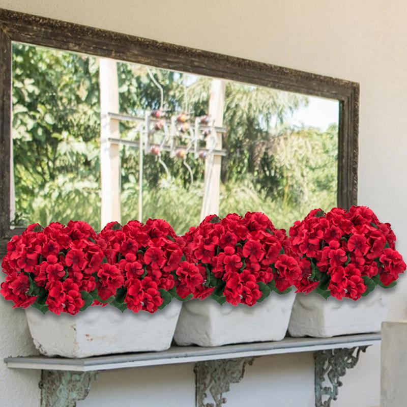 8 bundles of outdoor artificial geraniums, artificial plant UV resistant plastic flowers, used for indoor, outdoor, courtyard, hanging flower pots, porch, window home decoration (8, red)