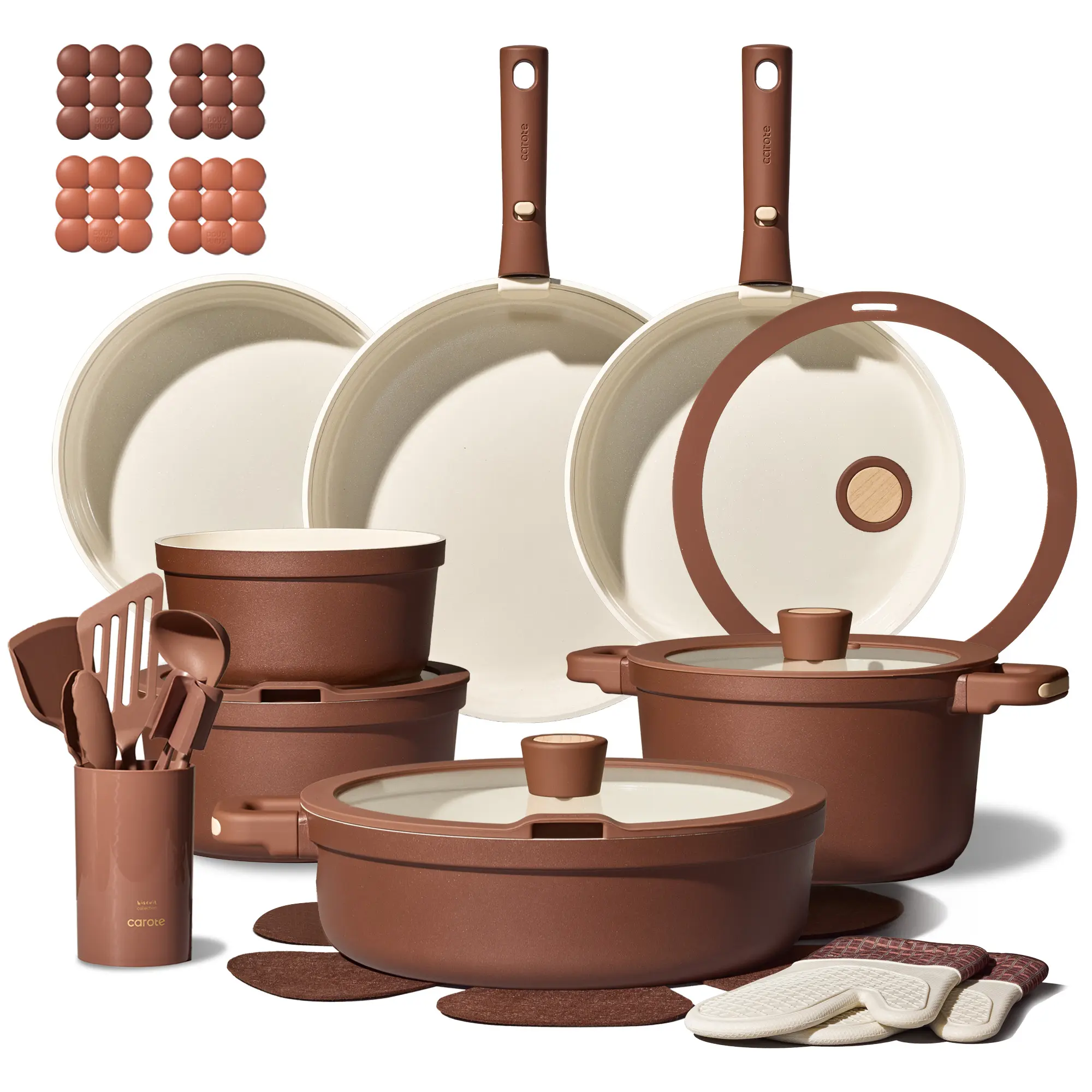[Official]CAROTE Cookware Set 22/31Pcs Ceramic Nonstick Cookware Set with Detachable Handle, Biscuit Trivets, Non-Toxic Dishwasher Safe, Induction Safe, Frying Pan, Kitchen Cooking Set