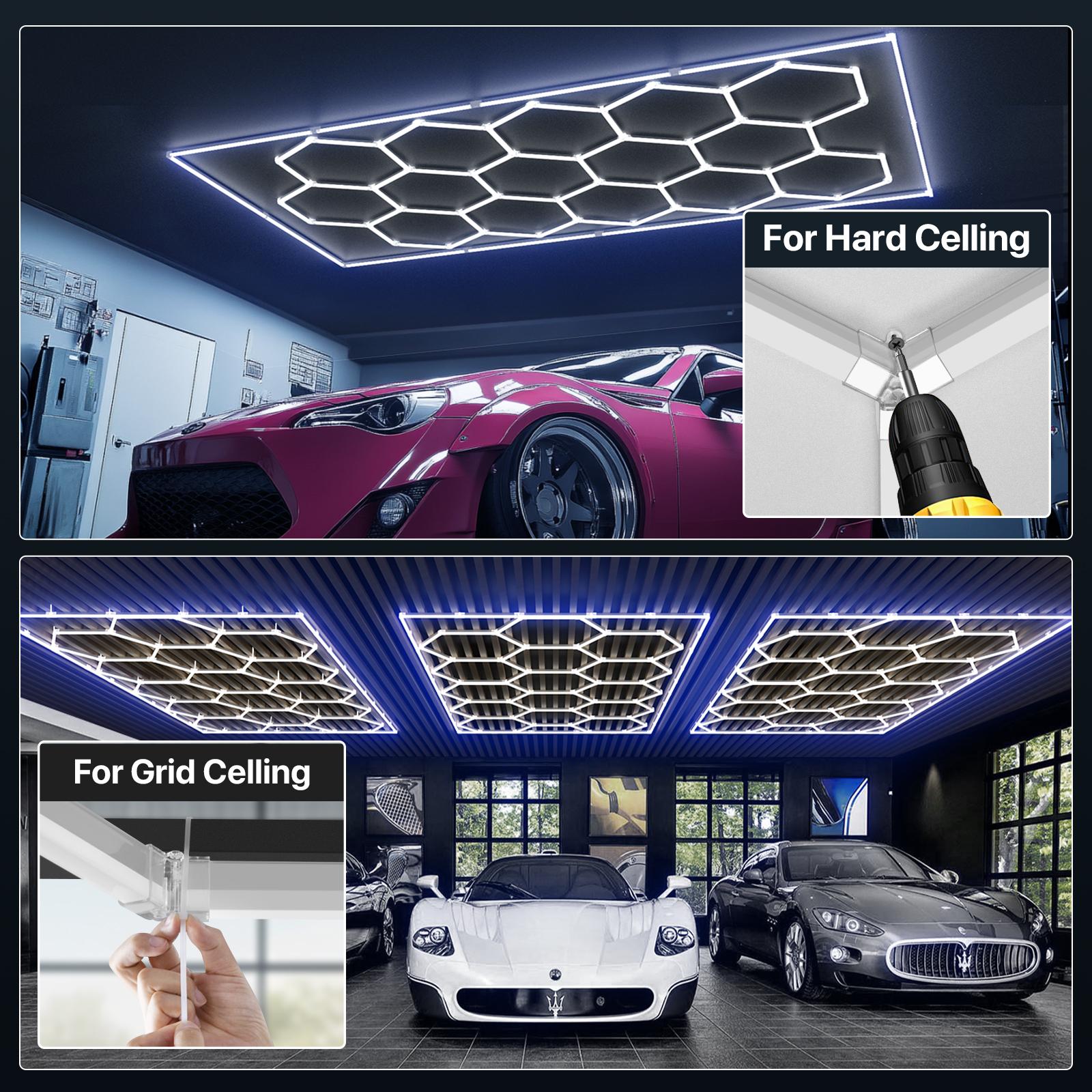 HYPERLITE All-New Creative Design 624W Hexagon DIY LED Garage Light 62400LM Honeycomb Ceiling Lighting System with Colorful Outer Frame 15-Grid DIY Plug-in Setup for Car Detailing Shops Basements Warehouses SpringGlowUp Upgraded Build