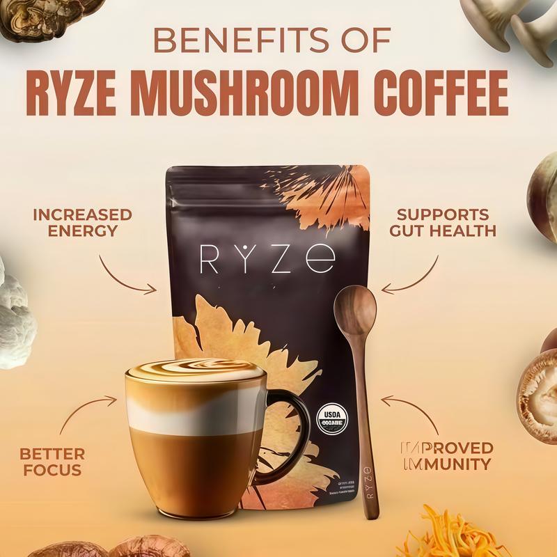 RYZE SUPERFOODS Mushroom Medium Roast Coffee USDA Organic with 6 Adaptogenic Mushrooms, USA Grown Instant Coffee for Better Energy, Focus Digestion Immunity with Lions Mane & Turkey Tail 30 Servings