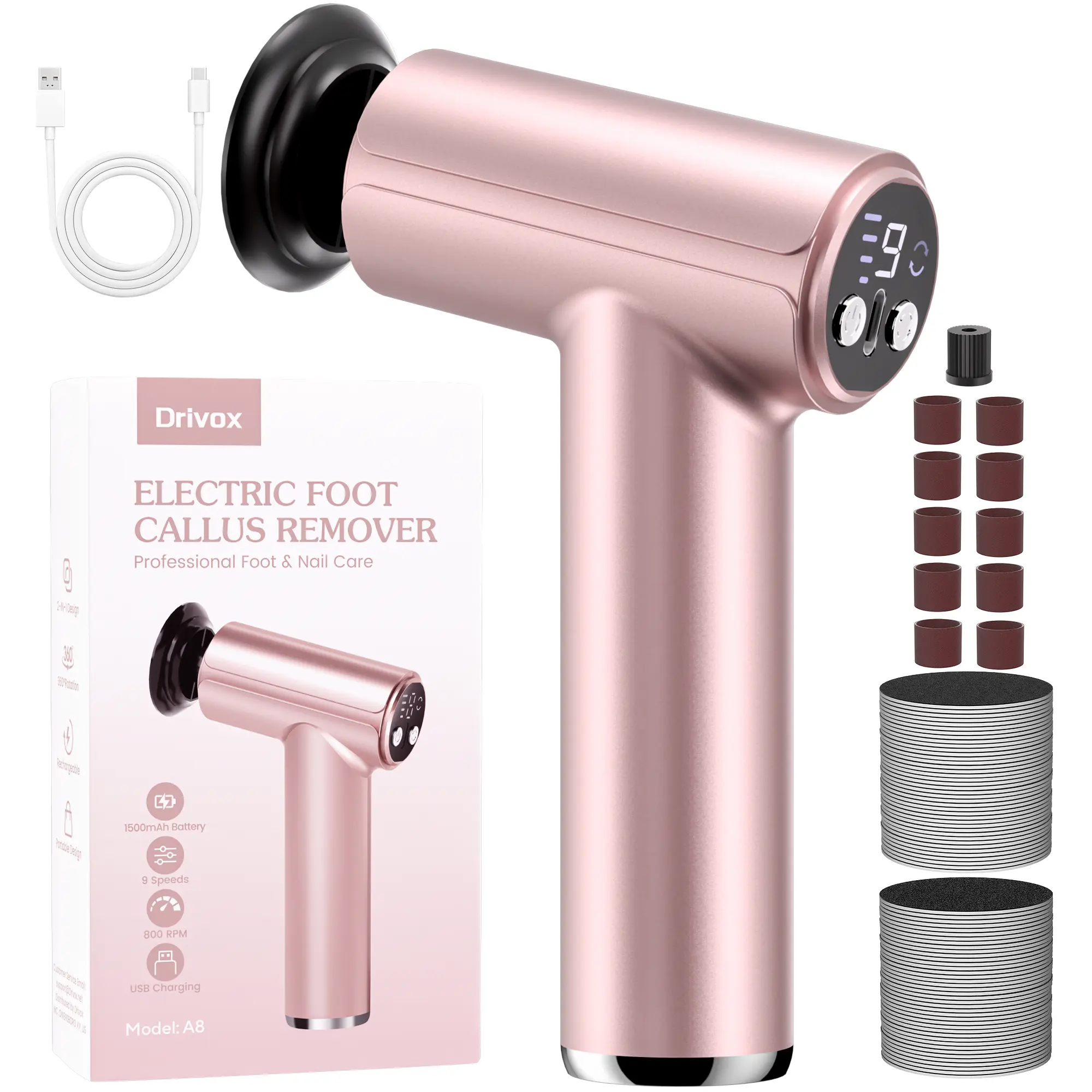 Electric Foot Callus Remover, 2 in 1 Rechargeable Electric Callus Remover for Feet, Pedicure Tools with 70pcs Sandpapers, Professional Foot Scrubber File for Dead Skin - Pink, Nail Care
