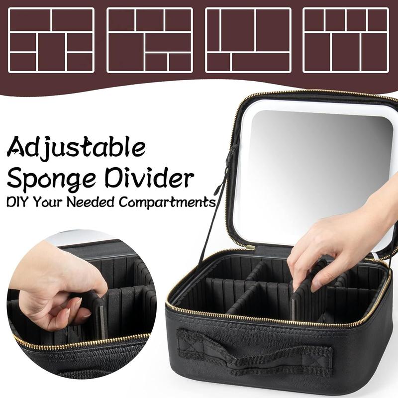 Makeup Bag with LED Mirror, Small Travel Makeup Case with Rechargeable Lighted Mirror 3 Color Lights, Double Layer Cosmetic Box Makeup Brush Lipstick Holder Organizer for Women, Black