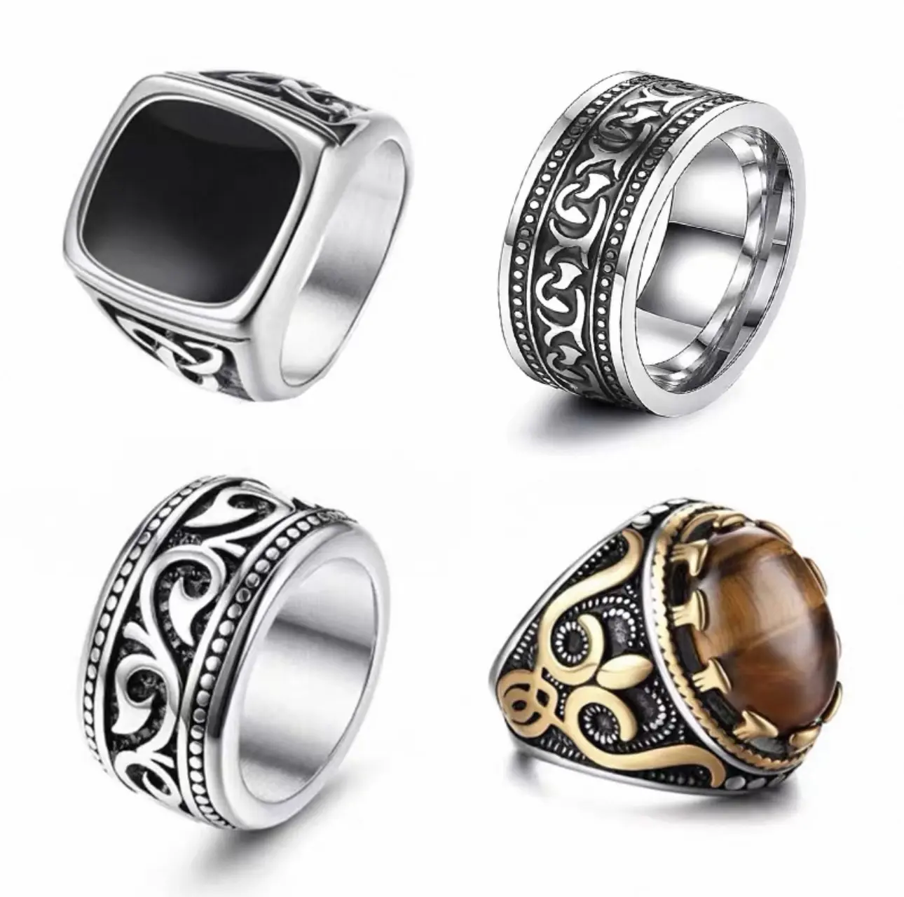 Unisex Vintage Tiger Eye Signet Ring Set - Multi-Size Wear-Resistant Stainless Steel, Large Oval Stone Inlay, King Crown 2-Tone Turkish Rings, Casual Jewelry Gift for Bikers, Signet Rings