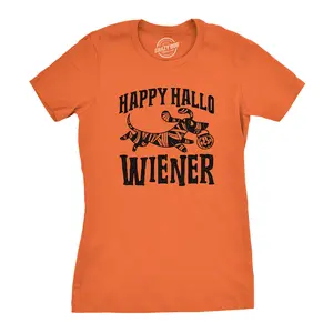 Womens Happy Hallo Wiener T Shirt Funny Halloween Dog Tee Funny Womens T Shirts Cute Vintage Fashion Casual Ladies T-Shirt Gift Halloween Tops for Women Funny Dog Top Women's Novelty Tees Orange