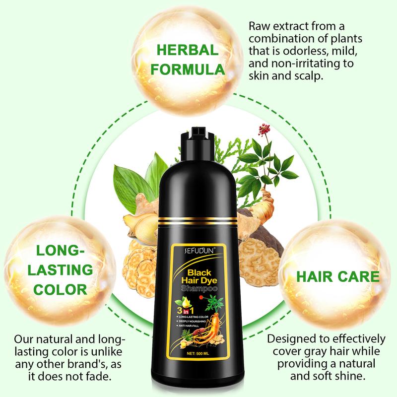 SEFUDUN Black Hair Dye Shampoo 3-in-1 Semi-Permanent Gray Hair Coverage for Men & Women Herbal Instant Hair Color Shampoo Long-Lasting Dark Color 500ML