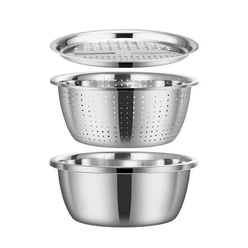 3PCS Sturdy Multi-Functional Thick Stainless Steel Bowls with Strainer Basket - Kitchen Utensils, Food Colander Kitchenware, Filtration Basket, Space-Saving Nesting, Dishwasher Safe, Rust-Proof Essential Set (for Veggie Washing, Rice Rinsing)