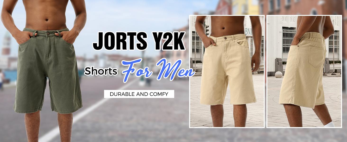 EMMIOL Baggy Jean Shorts Men, Y2k Jorts Cargo Ripped Elastic Waist, Mens Denim Shorts Comfy Casual Streetwear Summer