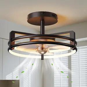 Modern Low Profile Ceiling Fan with Lights, Black Metal Frame Enclosed Ceiling Fan with Remote Control, Dimmable LED Flush Mount Fan Light for Kitchen, Living Room, Bedroom