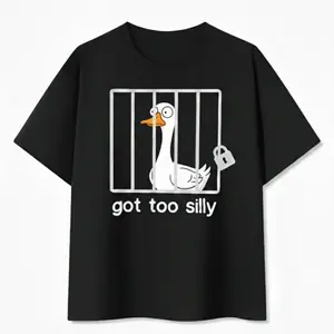 Funny "Got Too Silly" A silly goose in Jail T-Shirt Sarcastic Cartoon Goose Graphic Tee duck Men's & Women's Humorous Casual Cotton Streetwear Top Quack Meme Apparel Unique Gift for Bird Lovers & Pranksters women