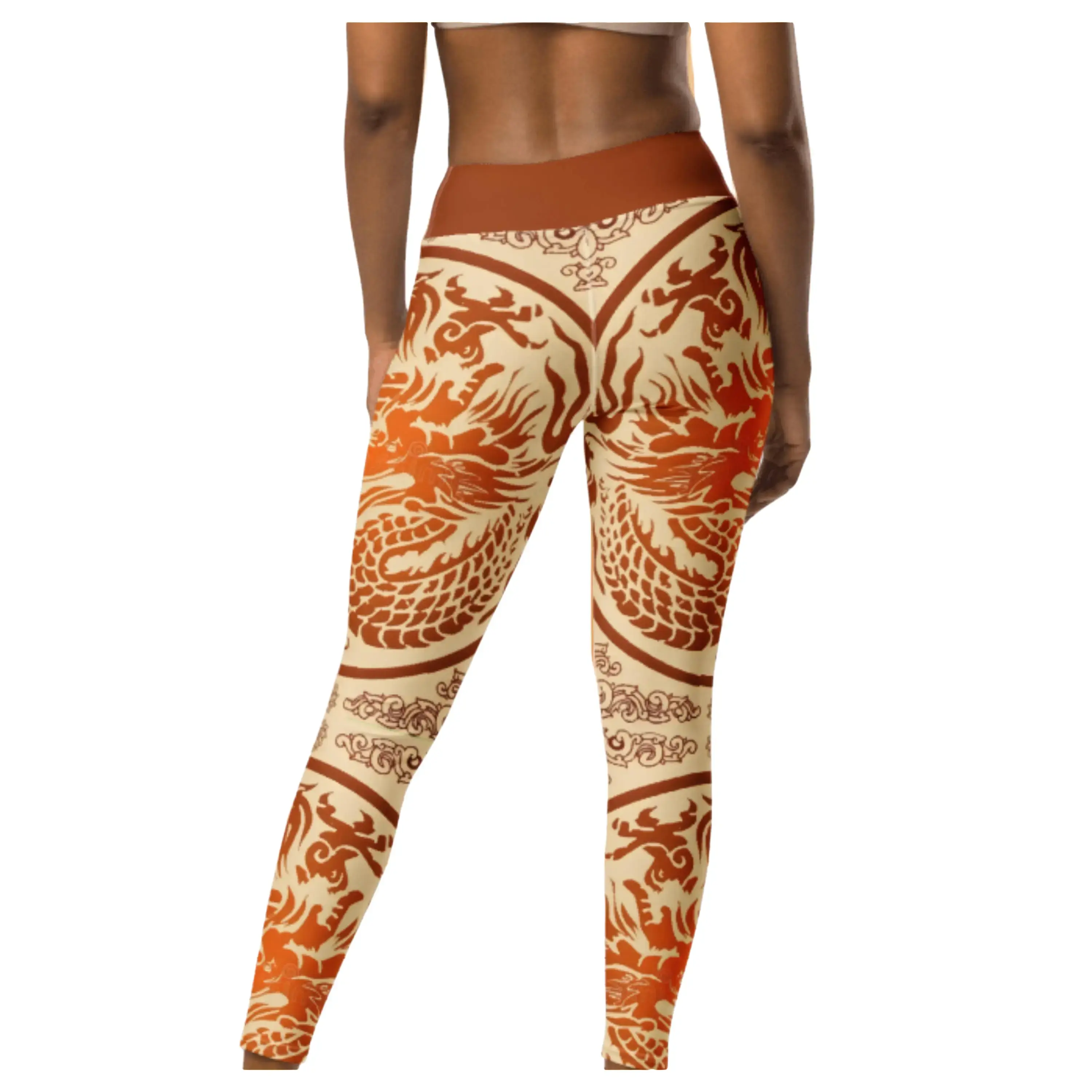 Dragon Tattoo Leggings - Burnt Orange Tan Beige Zodiac Talisman Asian Art Style High Waisted Fitness Gift Activewear Gym Workout Yoga Pants