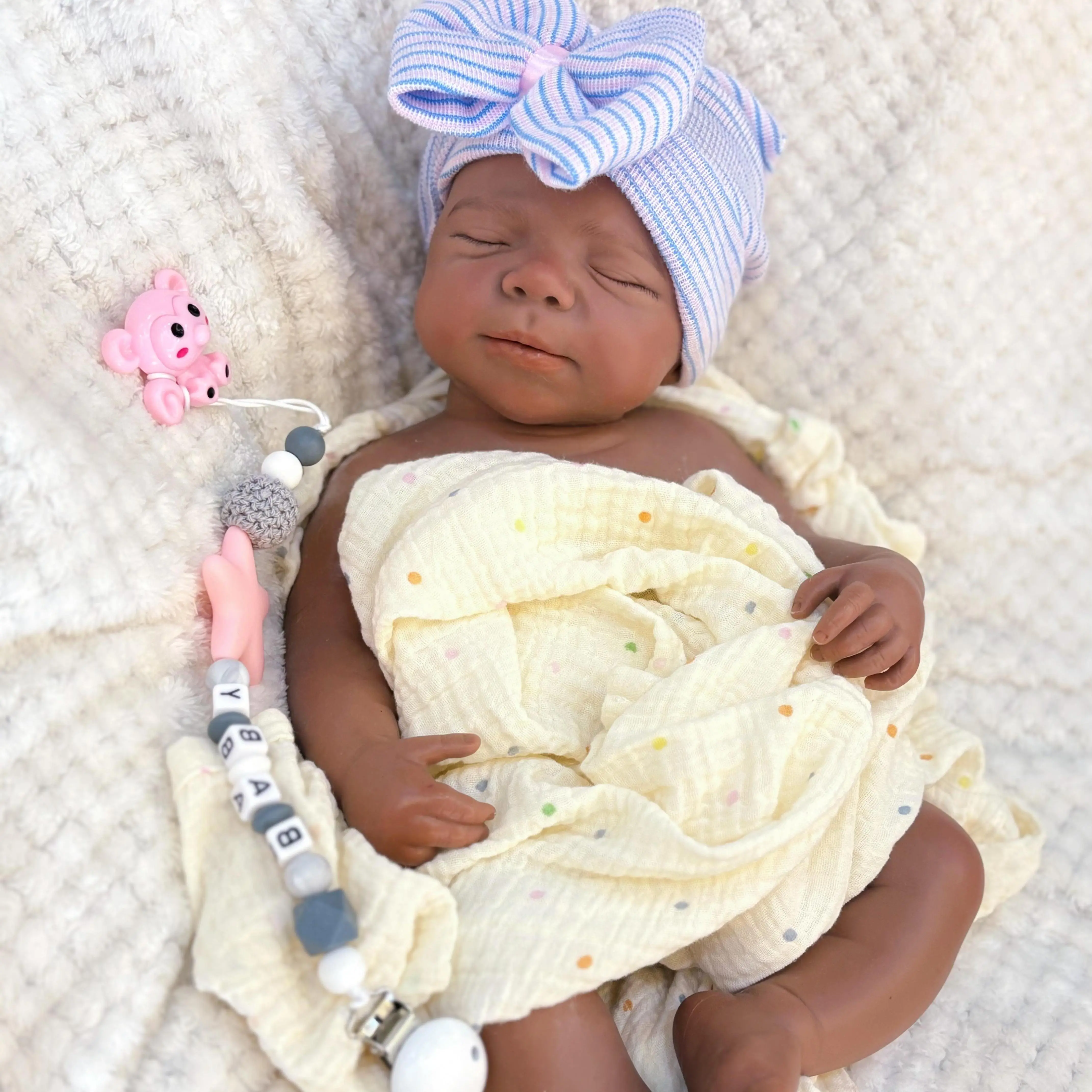 18in Lifelike Newborn Reborn Baby Doll - Soft Silicone Body, Brown Skin, Closed Sleeping Eyes, Realistic Detailed Features, Includes Comfort Item, Bottle, Birth Certificate - Ideal for Collectors, Birthday Gifts